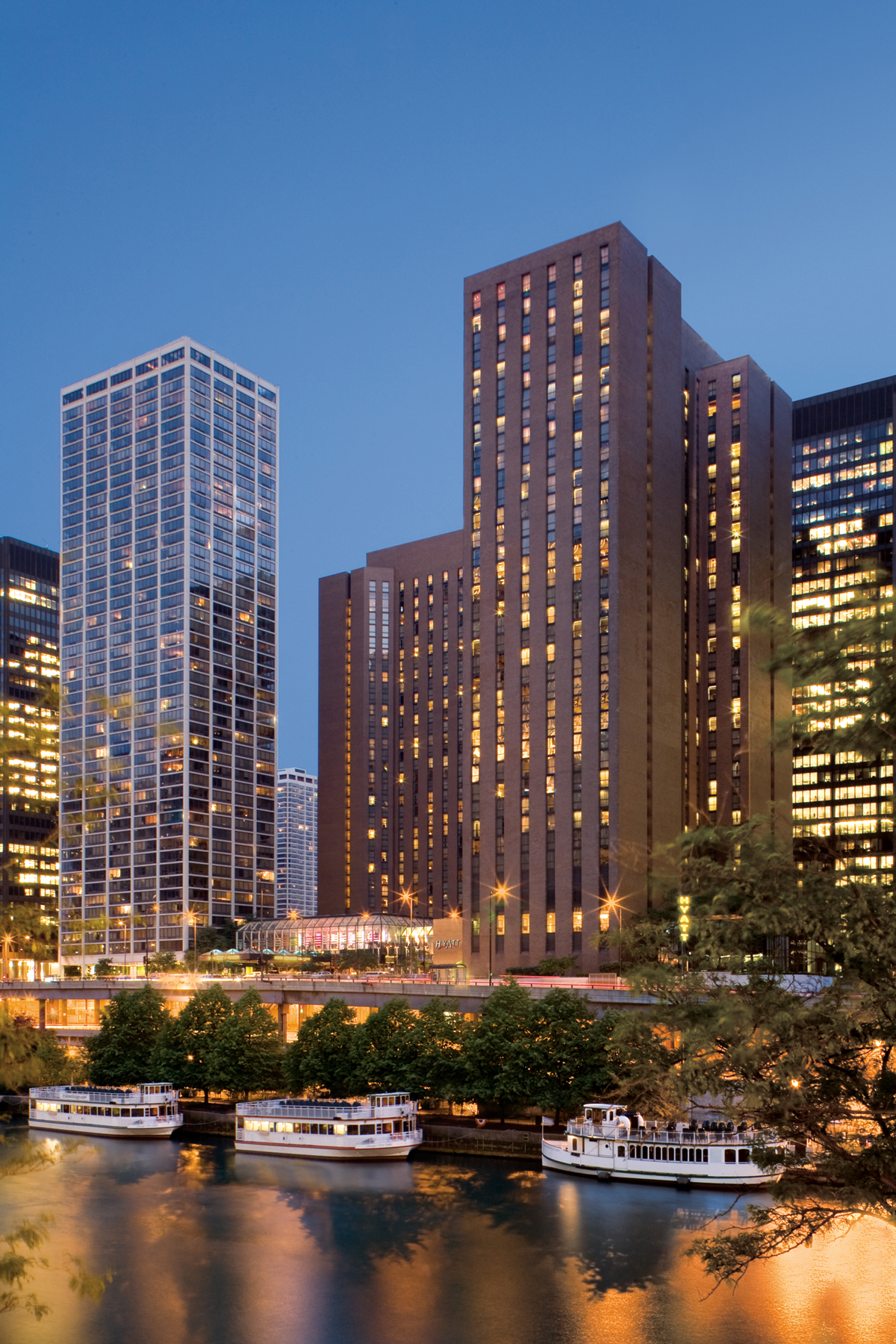 Hyatt Regency Chicago oversees the Chicago River and is adjacent to Lake Michigan.